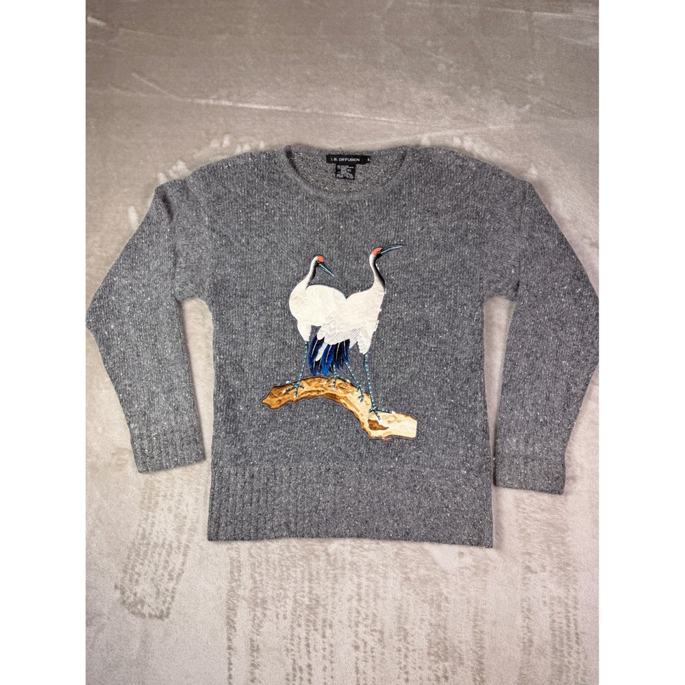 Vintage IB Diffusion Gray Embellished Crane Sweater Women's Size‎ P Silk Angora